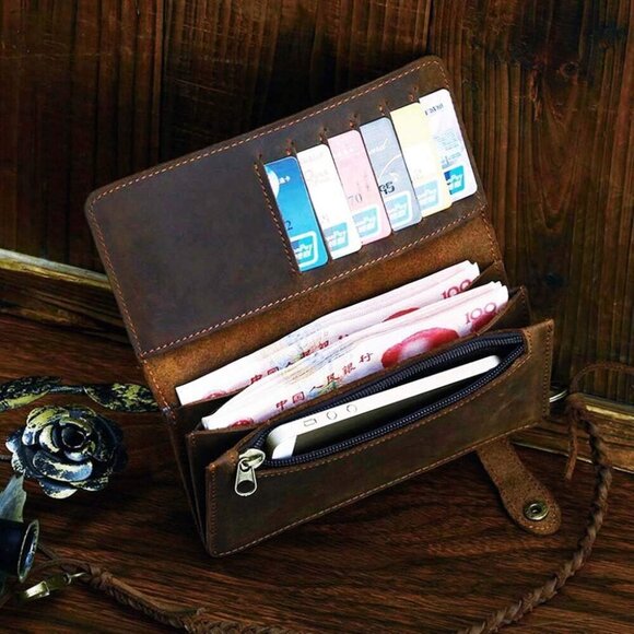 ✨Le'aokuu Men Brown Genuine Leather Organizer Checkbook Removable Chain Wallet - Picture 6 of 7